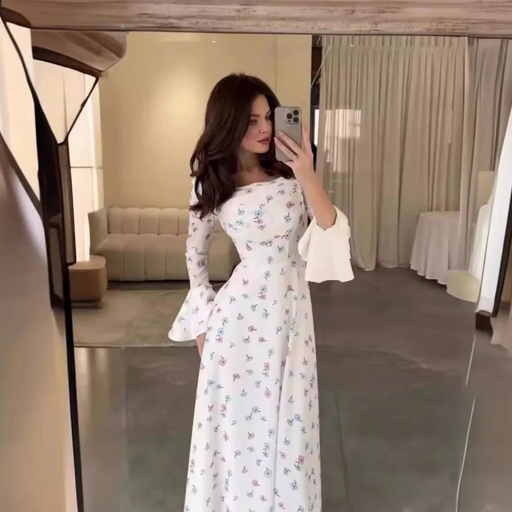 Elegant Women Long Dress Women 2025 Summer Floral Printed Long Sleeved Flare Sleeves Fashion Slim Fit Female Dresses Casual