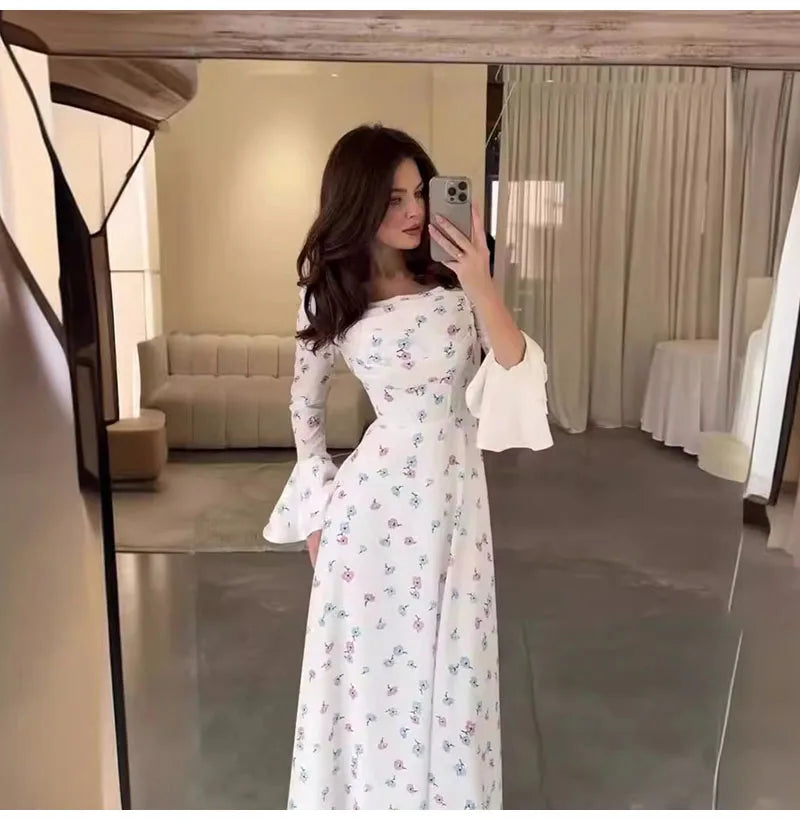 Elegant Women Long Dress Women 2025 Summer Floral Printed Long Sleeved Flare Sleeves Fashion Slim Fit Female Dresses Casual