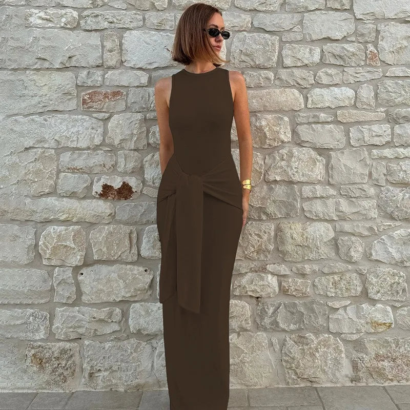 Tuularose Fashion Bandage Maxi Dress Women Elegant Pleated Patchwork Slit Dress Solid Sleeveless Office Lady Tank Top Dress Robe