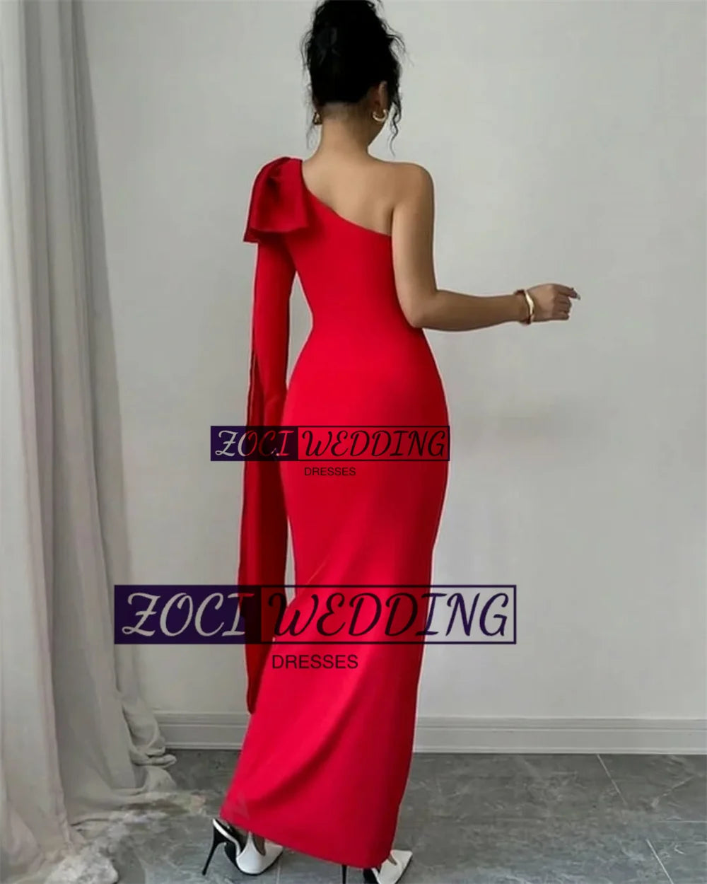 Zoci Sexy One Shoulder Saudi Arabic Prom Dresses Red Elastic Satin Bow Straps Formal Party Gown Customized Mermaid Evening Gown