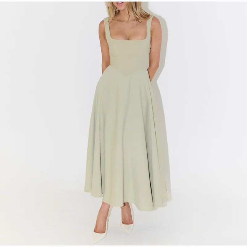 Elegant Square Neck Midi Dress For Women Summer Sleeveless High Waist Party Wedding Dress Female Chic Holiday Evening Vestidos