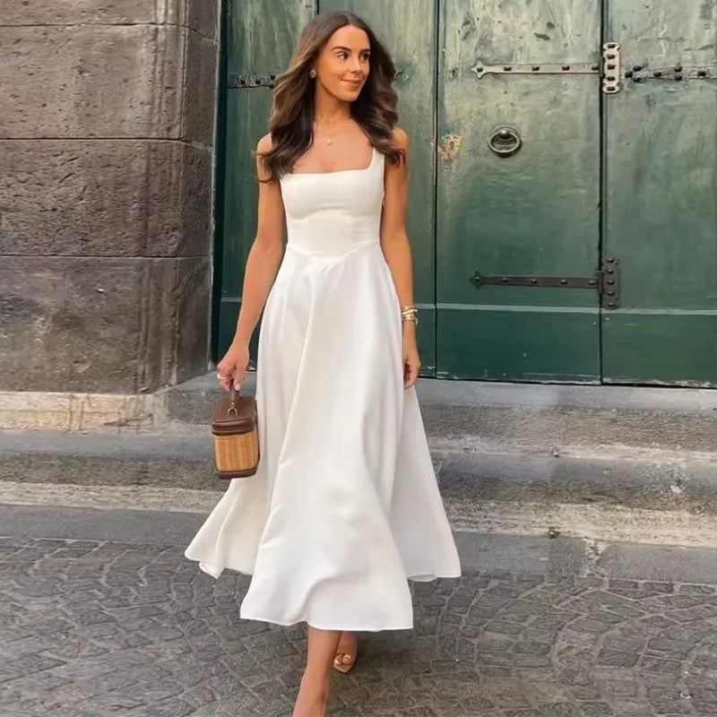 Elegant Square Neck Midi Dress For Women Summer Sleeveless High Waist Party Wedding Dress Female Chic Holiday Evening Vestidos