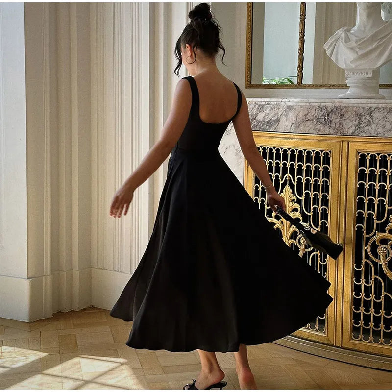 Black A-line Women's Long Dress Elegant Square Neck Pleated Sleeveless Sling Maxi Dresses 2025 Summer Lady Vacation Party Robes