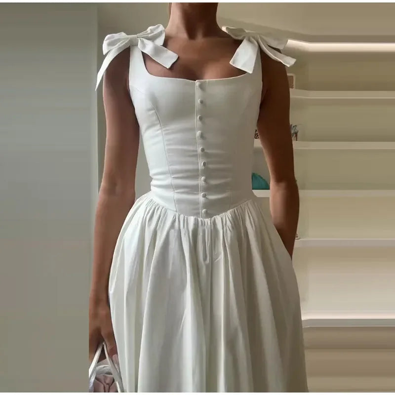 Fashion Woman Solid Bow A-line Dresses Ankle-length Sleeveless Backless Elegant Robes Swish Evening Party Bandage Slim Vestido