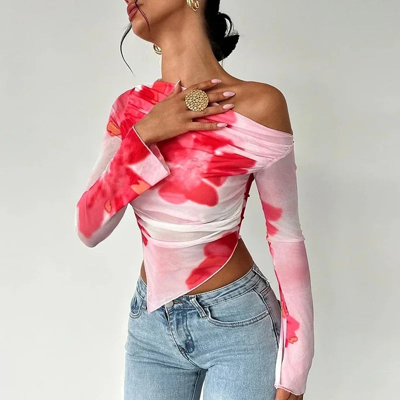 Sexy Long Sleeve T Shirt Women Slash Neck Printed Short Tops Female Elegant Slim Tee Women T-Shirts Spring Summer Shirt