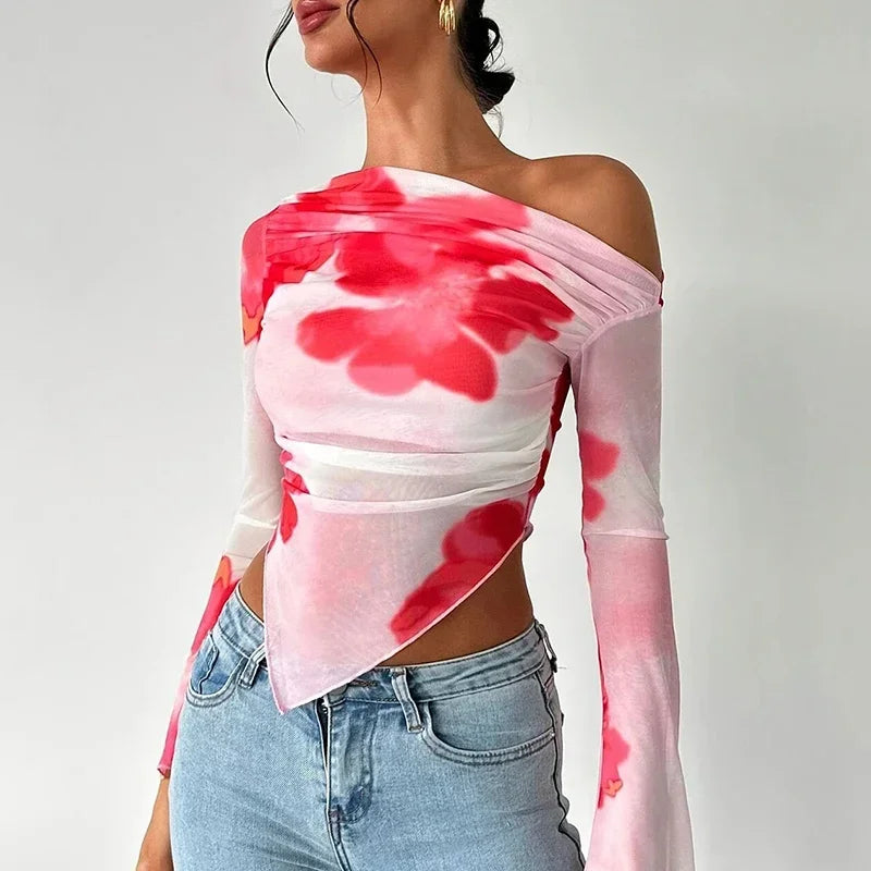 Sexy Long Sleeve T Shirt Women Slash Neck Printed Short Tops Female Elegant Slim Tee Women T-Shirts Spring Summer Shirt