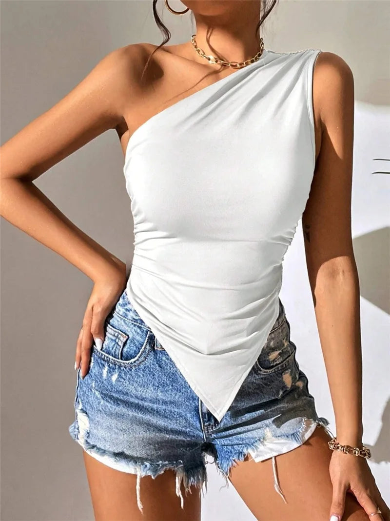 Sexy One Shoulder Ruched Asymmetrical Hem Top Women Summer Casual Solid Color Pleated Sleeveless Tee Top Streetwear Y2K