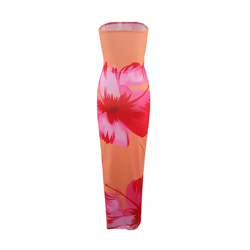 Summer 2025 New Fashion Temperament Sexy Strapless Slim Holiday Long Dress Elegant Backless Printing Sleeveless Dress