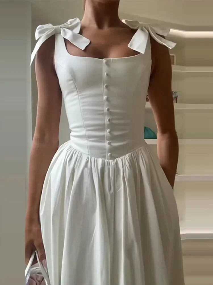 Fashion Woman Solid Bow A-line Dresses Ankle-length Sleeveless Backless Elegant Robes Swish Evening Party Bandage Slim Vestido