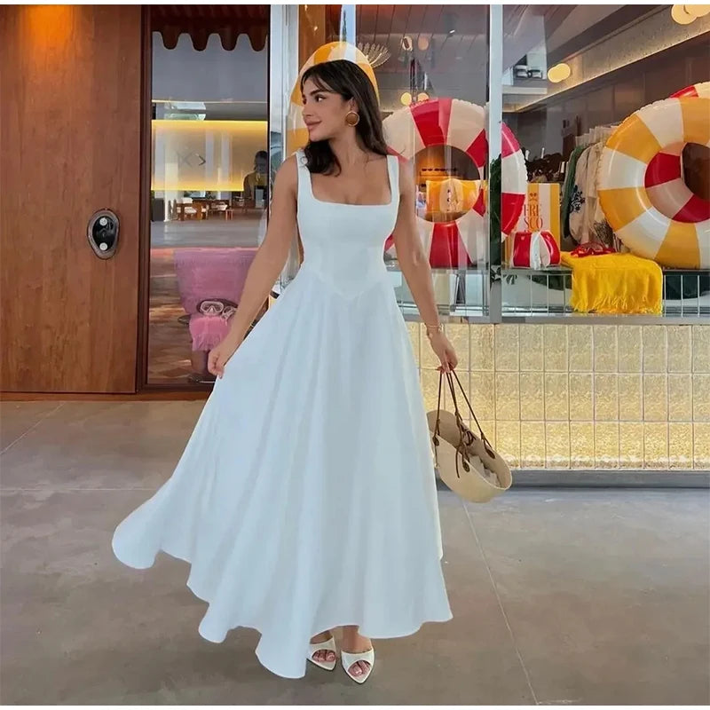 Elegant Square Neck Midi Dress For Women Summer Sleeveless High Waist Party Wedding Dress Female Chic Holiday Evening Vestidos