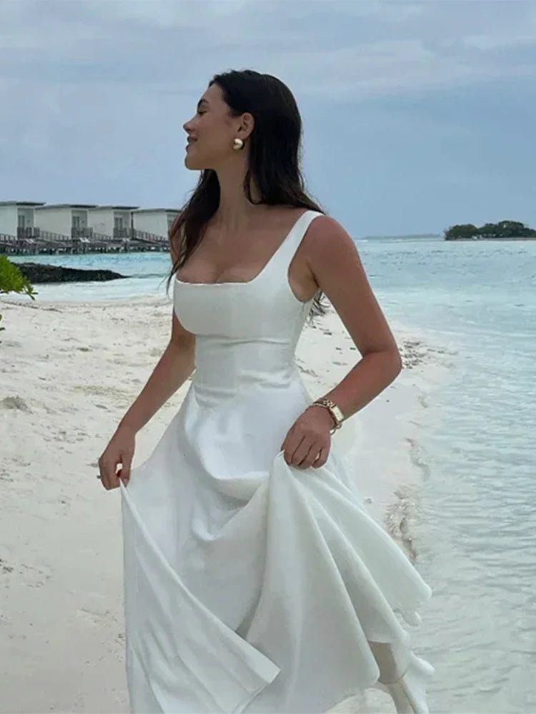 Elegant Square Neck Midi Dress For Women Summer Sleeveless High Waist Party Wedding Dress Female Chic Holiday Evening Vestidos