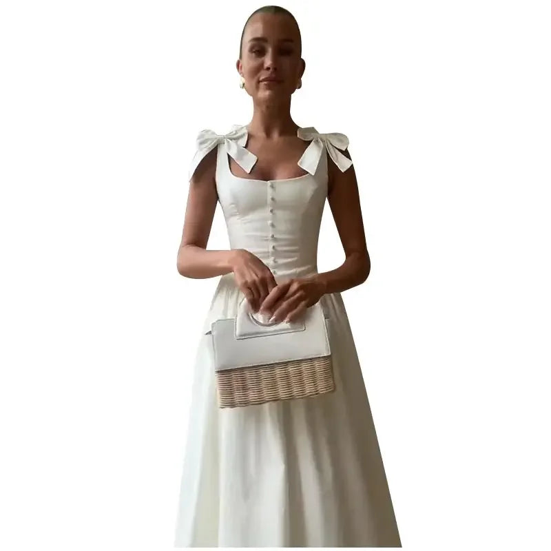 Fashion Woman Solid Bow A-line Dresses Ankle-length Sleeveless Backless Elegant Robes Swish Evening Party Bandage Slim Vestido