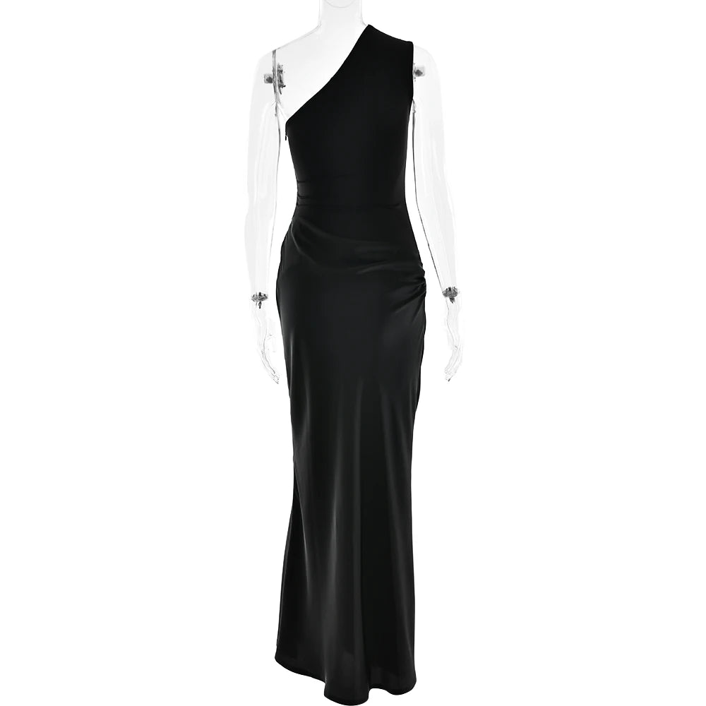 JULISSA MO Patchwork Satin Sexy One Shoulder Women Maxi Dress Brown Sleeveless Evening Dress Summer Slim Elegant Party Clubwear