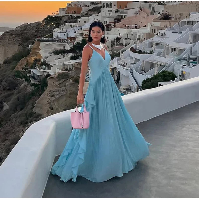 Women Blue V-neck Spaghetti Strap Dress Solid Elegant Sleeveless Waist Slimming Ruffle Edge Gowns Holiday Evening Dresses 2025