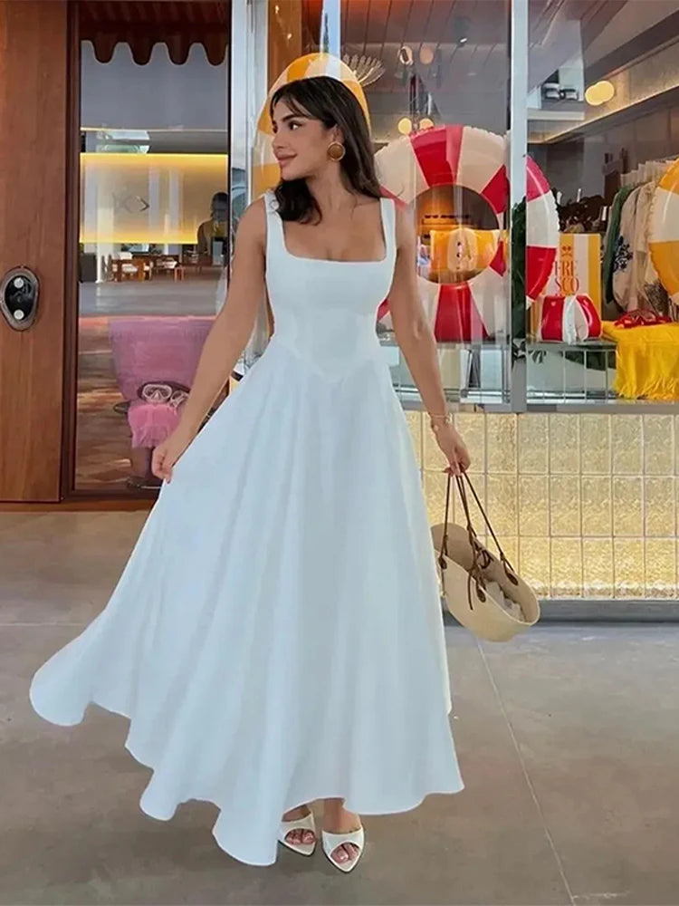 Elegant Square Neck Midi Dress For Women Summer Sleeveless High Waist Party Wedding Dress Female Chic Holiday Evening Vestidos