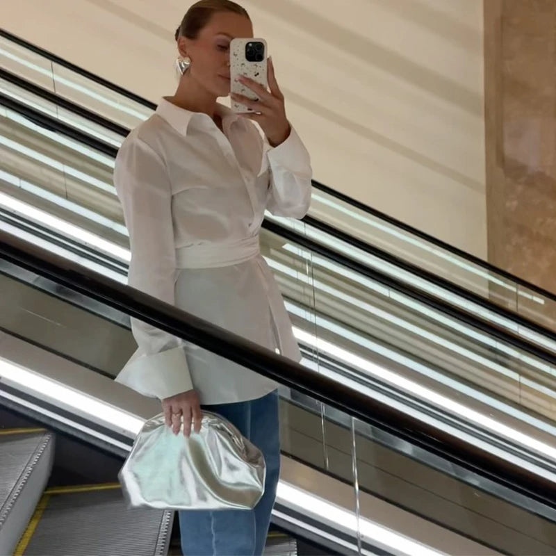Fashion Design White Shirt Women Long Sleeve Lapel Streetwear Blouse Casual Y2k Harajuku Irregular Spring Tops 2025