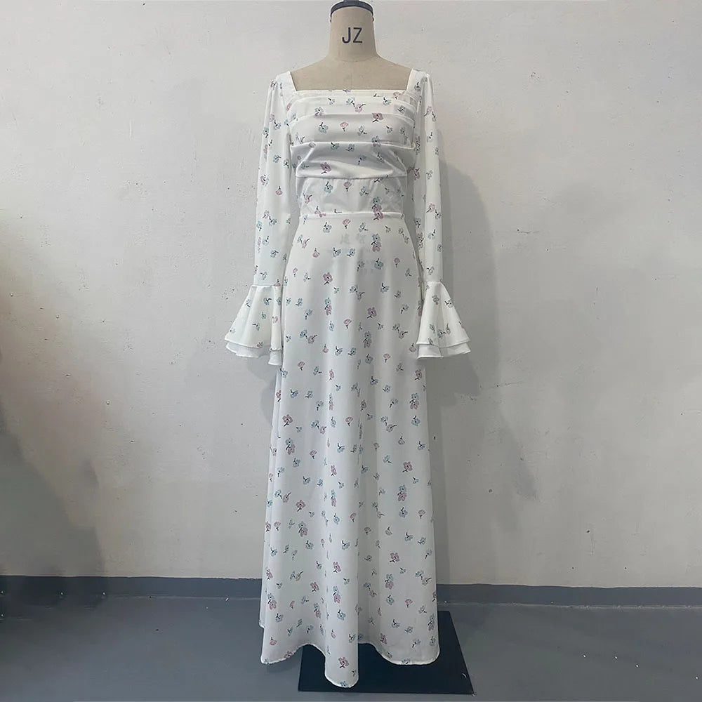 Elegant Women Long Dress Women 2025 Summer Floral Printed Long Sleeved Flare Sleeves Fashion Slim Fit Female Dresses Casual