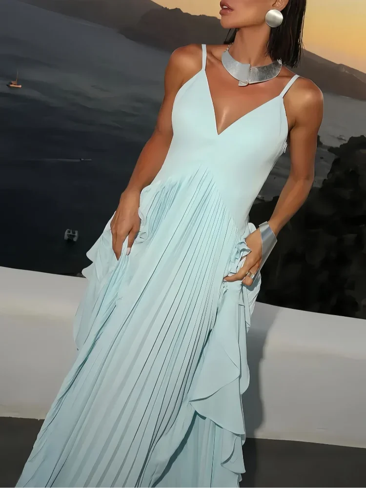 Women Blue V-neck Spaghetti Strap Dress Solid Elegant Sleeveless Waist Slimming Ruffle Edge Gowns Holiday Evening Dresses 2025
