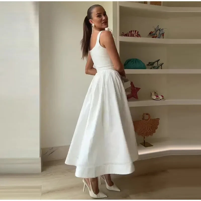 Fashion Woman Solid Bow A-line Dresses Ankle-length Sleeveless Backless Elegant Robes Swish Evening Party Bandage Slim Vestido
