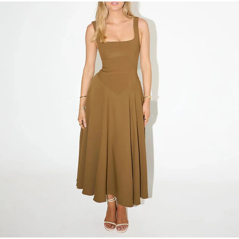 Elegant Square Neck Midi Dress For Women Summer Sleeveless High Waist Party Wedding Dress Female Chic Holiday Evening Vestidos