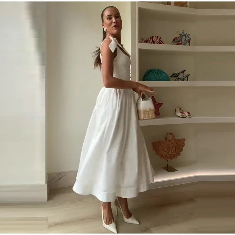 Fashion Woman Solid Bow A-line Dresses Ankle-length Sleeveless Backless Elegant Robes Swish Evening Party Bandage Slim Vestido