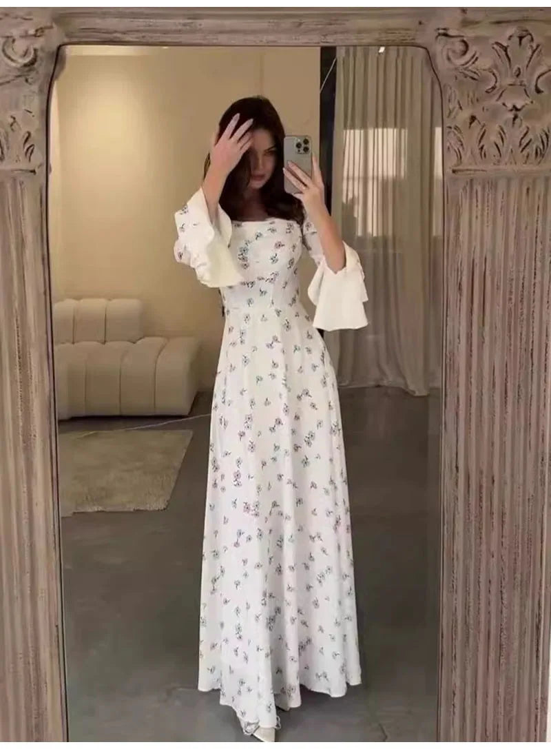 Elegant Women Long Dress Women 2025 Summer Floral Printed Long Sleeved Flare Sleeves Fashion Slim Fit Female Dresses Casual