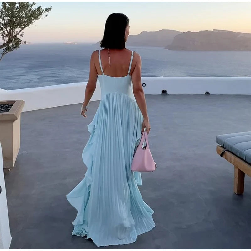 Women Blue V-neck Spaghetti Strap Dress Solid Elegant Sleeveless Waist Slimming Ruffle Edge Gowns Holiday Evening Dresses 2025
