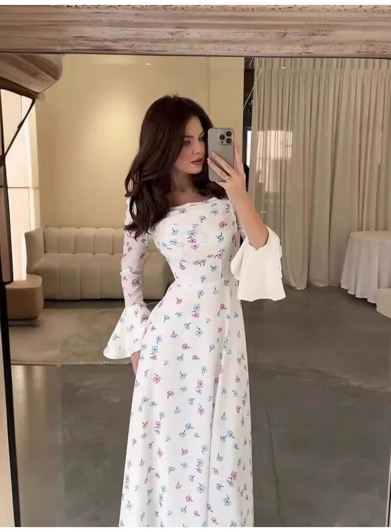 Elegant Women Long Dress Women 2025 Summer Floral Printed Long Sleeved Flare Sleeves Fashion Slim Fit Female Dresses Casual