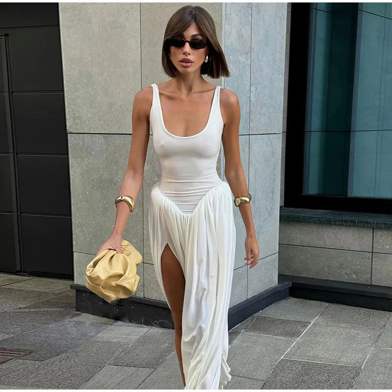 Black A-line Women's Long Dress Elegant Square Neck Pleated Sleeveless Sling Maxi Dresses 2025 Summer Lady Vacation Party Robes
