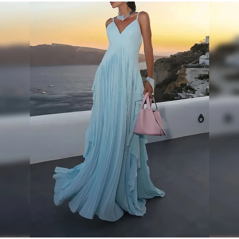 Women Blue V-neck Spaghetti Strap Dress Solid Elegant Sleeveless Waist Slimming Ruffle Edge Gowns Holiday Evening Dresses 2025