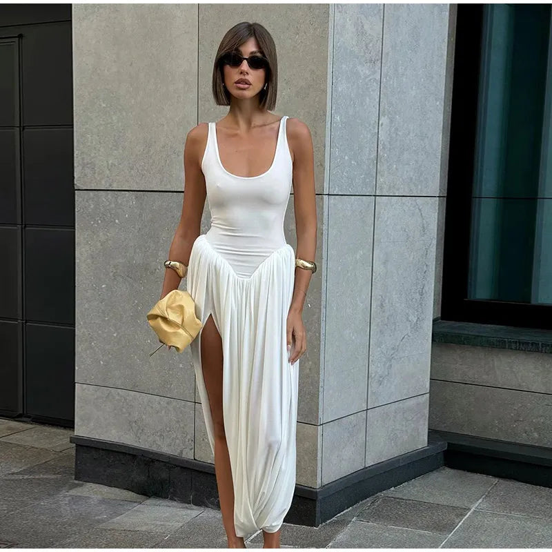 Black A-line Women's Long Dress Elegant Square Neck Pleated Sleeveless Sling Maxi Dresses 2025 Summer Lady Vacation Party Robes