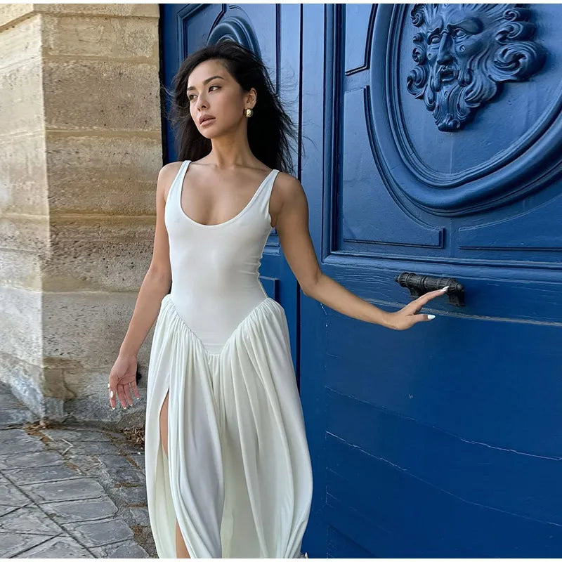 Black A-line Women's Long Dress Elegant Square Neck Pleated Sleeveless Sling Maxi Dresses 2025 Summer Lady Vacation Party Robes