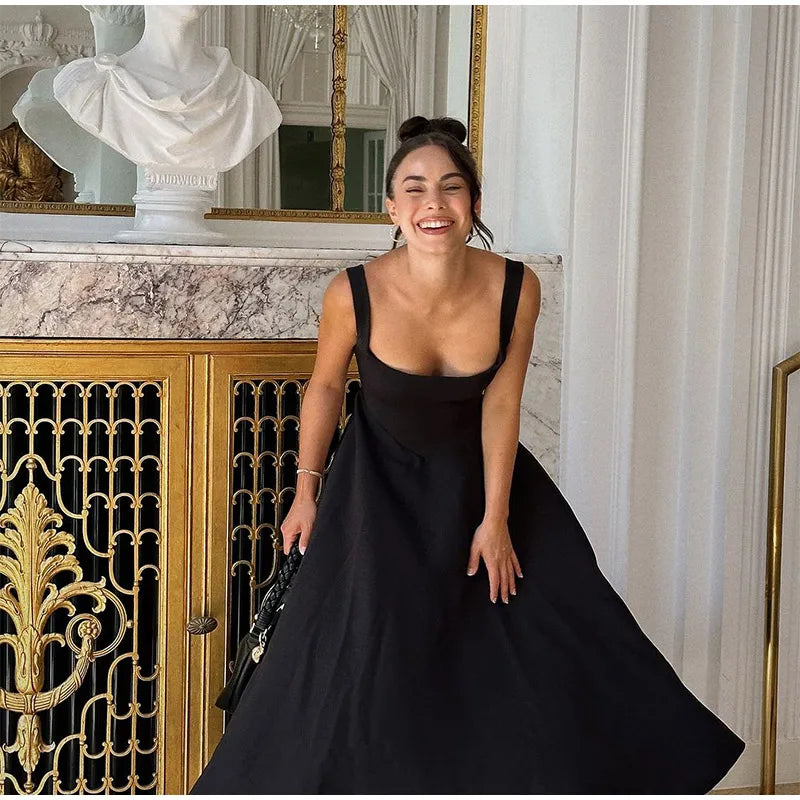 Black A-line Women's Long Dress Elegant Square Neck Pleated Sleeveless Sling Maxi Dresses 2025 Summer Lady Vacation Party Robes