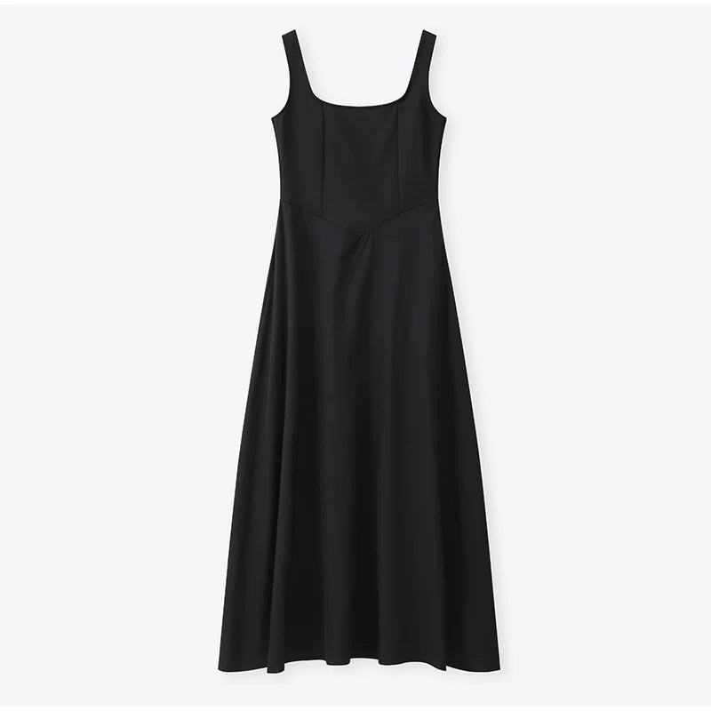 Black A-line Women's Long Dress Elegant Square Neck Pleated Sleeveless Sling Maxi Dresses 2025 Summer Lady Vacation Party Robes