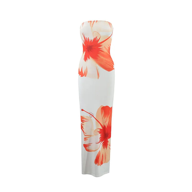 Summer 2025 New Fashion Temperament Sexy Strapless Slim Holiday Long Dress Elegant Backless Printing Sleeveless Dress