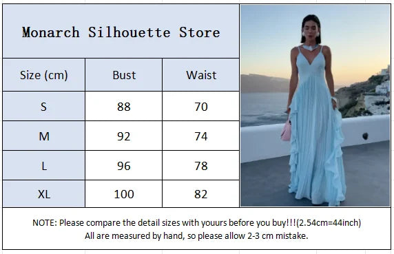 Women Blue V-neck Spaghetti Strap Dress Solid Elegant Sleeveless Waist Slimming Ruffle Edge Gowns Holiday Evening Dresses 2025