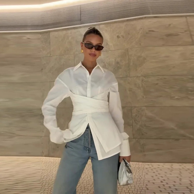 Fashion Design White Shirt Women Long Sleeve Lapel Streetwear Blouse Casual Y2k Harajuku Irregular Spring Tops 2025