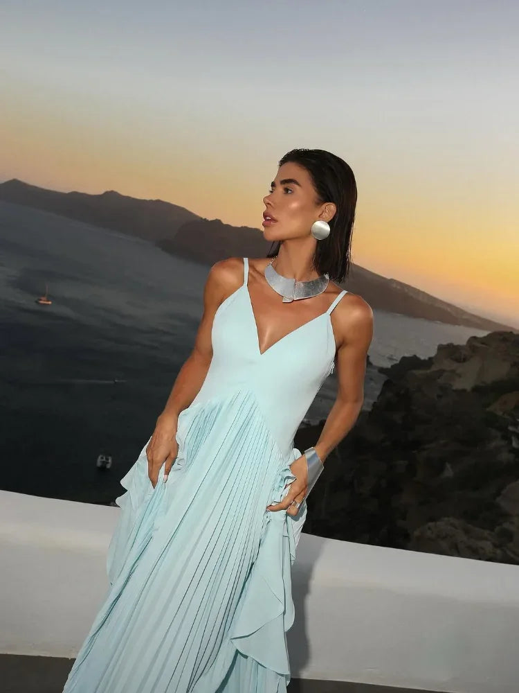 Women Blue V-neck Spaghetti Strap Dress Solid Elegant Sleeveless Waist Slimming Ruffle Edge Gowns Holiday Evening Dresses 2025
