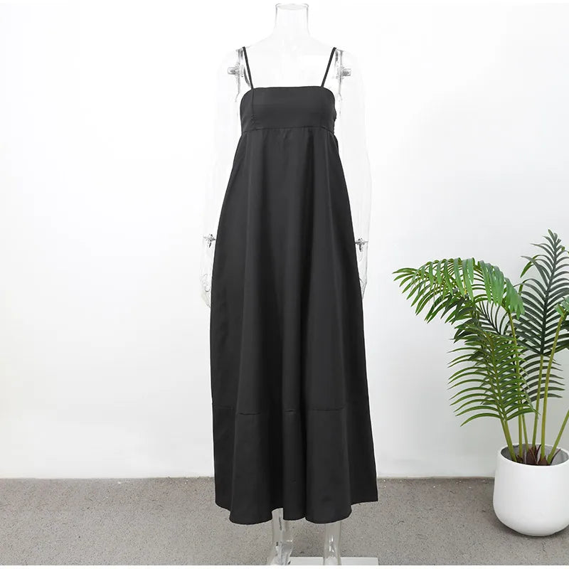 Black A-line Women's Long Dress Elegant Square Neck Pleated Sleeveless Sling Maxi Dresses 2025 Summer Lady Vacation Party Robes