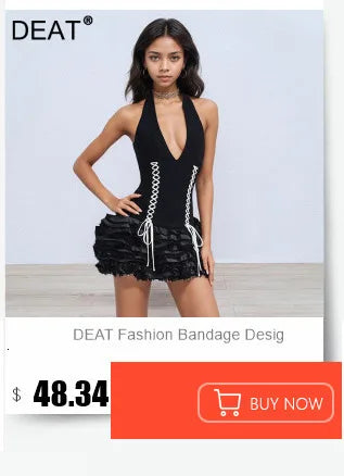 DEAT 2025 Summer New Asymmetric Shoulder Print Contrast Color Dresses For Women Beach Vacation Style Dress Female 33A4229