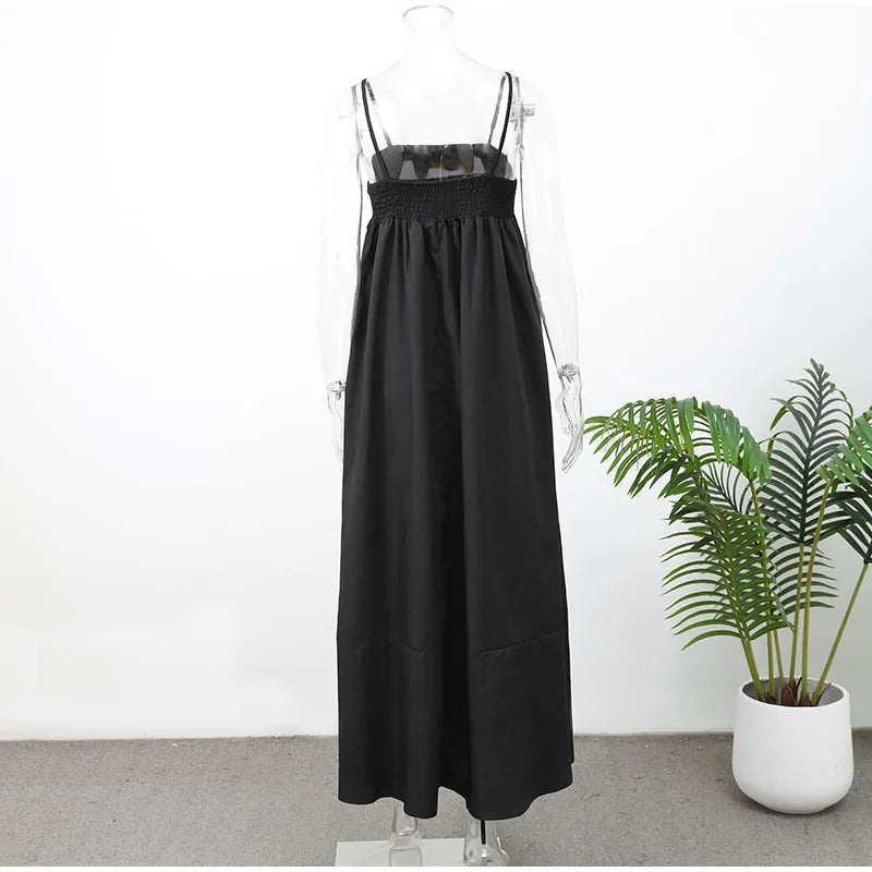 Black A-line Women's Long Dress Elegant Square Neck Pleated Sleeveless Sling Maxi Dresses 2025 Summer Lady Vacation Party Robes