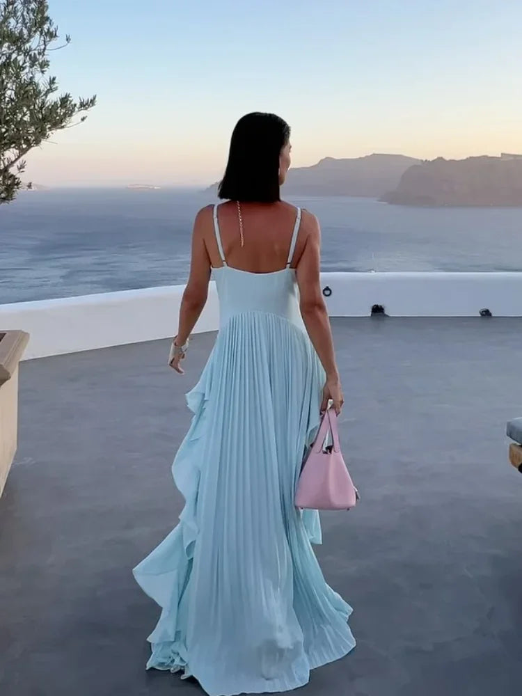 Women Blue V-neck Spaghetti Strap Dress Solid Elegant Sleeveless Waist Slimming Ruffle Edge Gowns Holiday Evening Dresses 2025