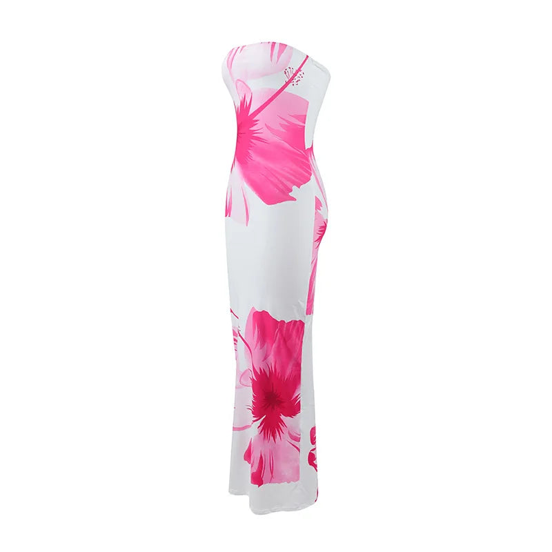 Summer 2025 New Fashion Temperament Sexy Strapless Slim Holiday Long Dress Elegant Backless Printing Sleeveless Dress