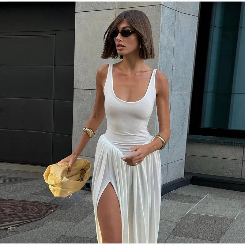 Black A-line Women's Long Dress Elegant Square Neck Pleated Sleeveless Sling Maxi Dresses 2025 Summer Lady Vacation Party Robes