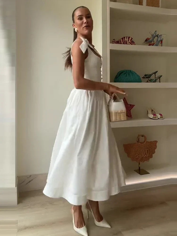 Fashion Woman Solid Bow A-line Dresses Ankle-length Sleeveless Backless Elegant Robes Swish Evening Party Bandage Slim Vestido
