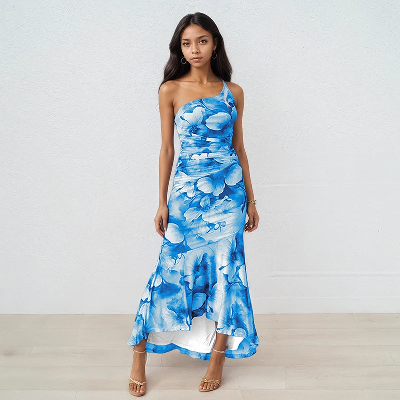 DEAT 2025 Summer New Asymmetric Shoulder Print Contrast Color Dresses For Women Beach Vacation Style Dress Female 33A4229