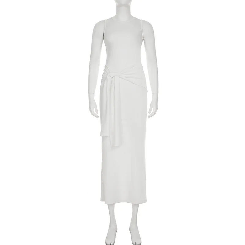 Tuularose Fashion Bandage Maxi Dress Women Elegant Pleated Patchwork Slit Dress Solid Sleeveless Office Lady Tank Top Dress Robe