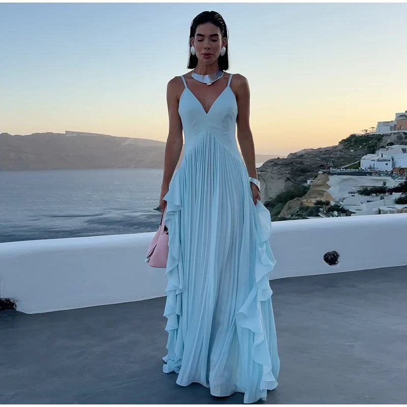 Women Blue V-neck Spaghetti Strap Dress Solid Elegant Sleeveless Waist Slimming Ruffle Edge Gowns Holiday Evening Dresses 2025