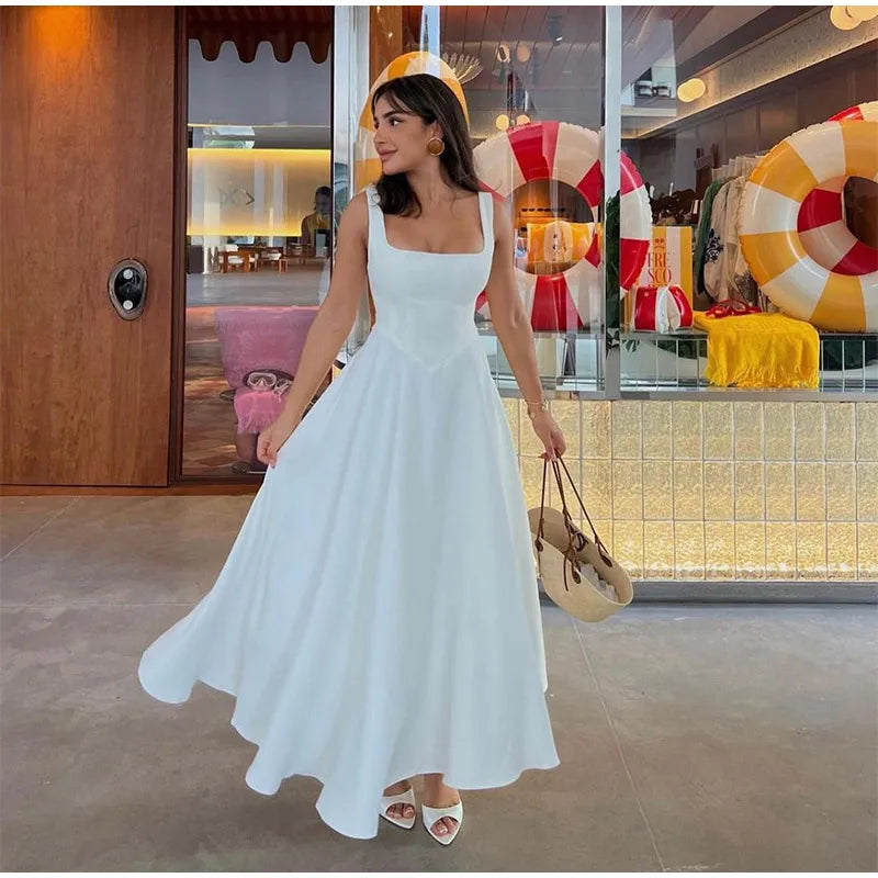 Black A-line Women's Long Dress Elegant Square Neck Pleated Sleeveless Sling Maxi Dresses 2025 Summer Lady Vacation Party Robes