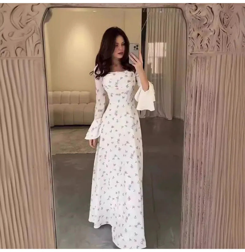 Elegant Women Long Dress Women 2025 Summer Floral Printed Long Sleeved Flare Sleeves Fashion Slim Fit Female Dresses Casual